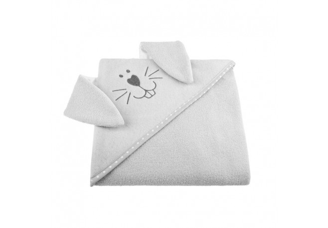 Qmini - Prosop cu gluga cu urechi Din bumbac Dimensiune mare 80x80 cm Gray Rabbit