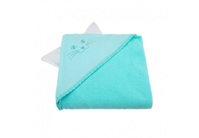 Qmini - Prosop cu gluga cu urechi Din bumbac Dimensiune mare 80x80 cm Aqua Cat
