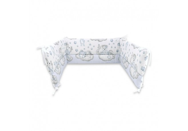 Qmini - Aparatoare pentru patut 120x60 cm Din bumbac certificat Oeko Tex Standard 100 180x30 cm Cu panglici Teddy Bear with Blue