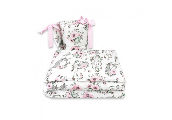 Qmini - Lenjerie patut 3 piese Cu protectie laterala Din bumbac certificat Oeko Tex Standard 100 Pentru patut 120x60 cm Dream Ca