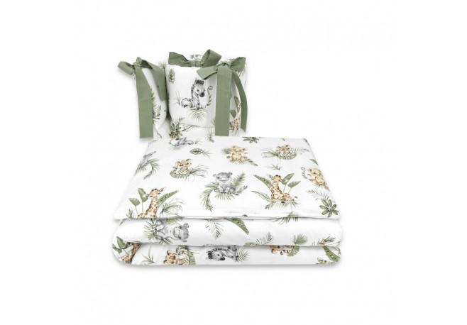 Qmini - Lenjerie patut 3 piese Cu protectie laterala Din bumbac certificat Oeko Tex Standard 100 Pentru patut 140x70 cm Safari