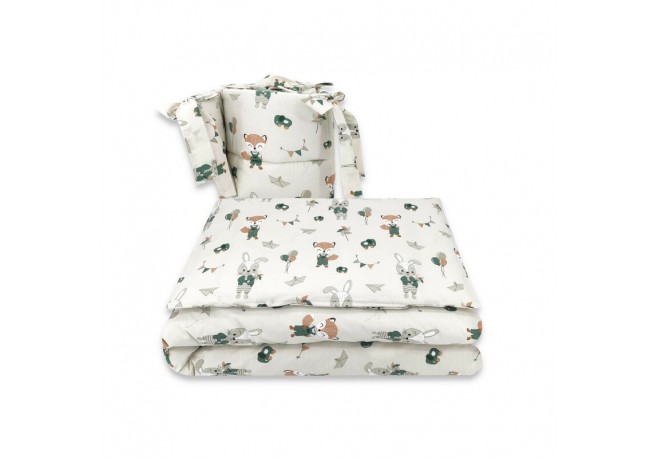 Qmini - Lenjerie patut 3 piese Cu protectie laterala Din bumbac certificat Oeko Tex Standard 100 Pentru patut 140x70 cm Fox and 