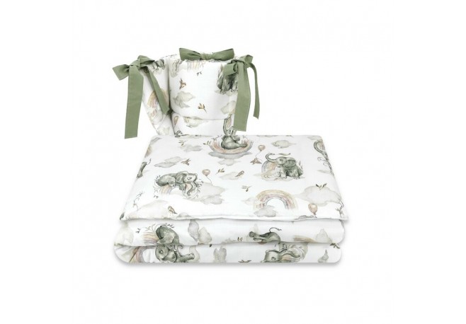 Qmini - Lenjerie patut 3 piese Cu protectie laterala Din bumbac certificat Oeko Tex Standard 100 Pentru patut 140x70 cm Elephant