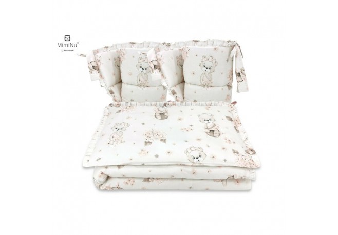 MimiNu - Lenjerie patut cu 4 piese Cu doua protectii laterale Cu volanase Din bumbac certificat Oeko Tex Standard 100 Pentru pat