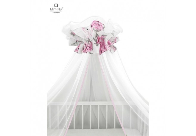 MimiNu - Baldachin mare din tull Cu funda din bumbac Dimensiune 400x170 cm Materiale certificate Oeko Tex Standard 100 Peonie Pi