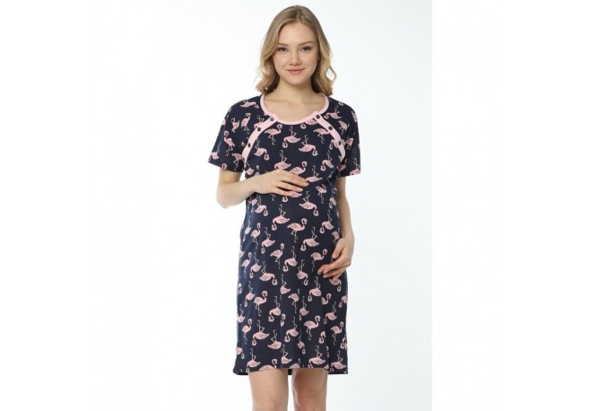 Qmini - Camasa de alaptat Din bumbac Cu nasturi Pink Flamingos Masura XL