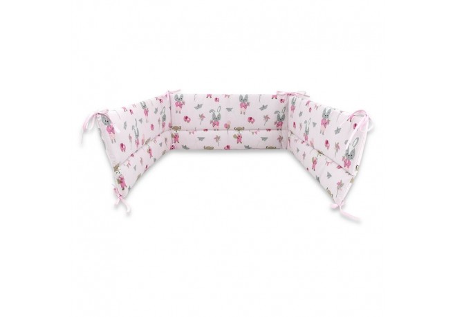 Qmini - Aparatoare pentru patut 140X70 cm Din bumbac certificat Oeko Tex Standard 100 210X30 cm Cu panglici Fox and Rabbit Pink