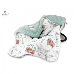 MimiNu - Paturica calduroasa de infasat pentru scoica scaun auto/carucior Cu gluga si urechi Cu sistem de prindere pe baza de ve