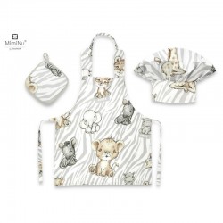 MimiNu - Set Micutul bucatar Cu sort o boneta si accesoriu pentru vase calde Din bumbac certificat Oeko Tex Standard 100 Safari 