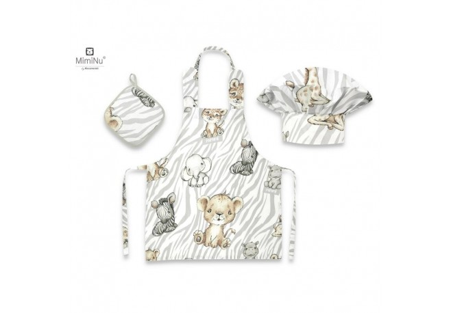 MimiNu - Set Micutul bucatar Cu sort o boneta si accesoriu pentru vase calde Din bumbac certificat Oeko Tex Standard 100 Safari 