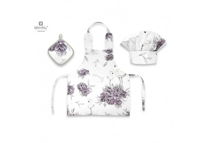 MimiNu - Set Micutul bucatar Cu sort o boneta si accesoriu pentru vase calde Din bumbac certificat Oeko Tex Standard 100 Peonie 