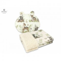 MimiNu - Set paturica calduroasa 70x100 cm si perna ergonomica Ursulet 33x27 cm Cu doua fete si urechi Din tesatura imitatie de 