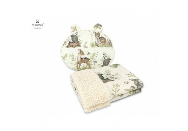 MimiNu - Set paturica calduroasa 70x100 cm si perna ergonomica Ursulet 33x27 cm Cu doua fete si urechi Din tesatura imitatie de 