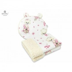 MimiNu - Set paturica calduroasa 70x100 cm si perna ergonomica Ursulet 33x27 cm Cu doua fete si urechi Din tesatura imitatie de 