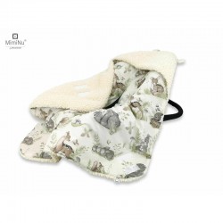 MimiNu - Paturica calduroasa de infasat pentru scoica scaun auto/carucior Cu gluga si urechi Cu sistem de prindere pe baza de ve