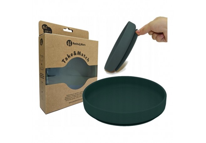 Petite&Mars - Farfurie din silicon fara BPA Cu ventuza TAKE&MATCH 6 luni+ 400 ml Verde Inchis
