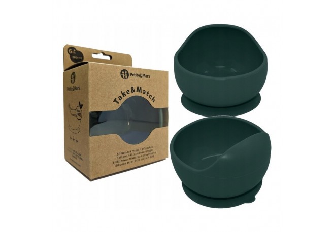 Petite&Mars - Bol din silicon fara BPA Cu ventuza TAKE&MATCH 6 luni+ 350 ml Verde Inchis