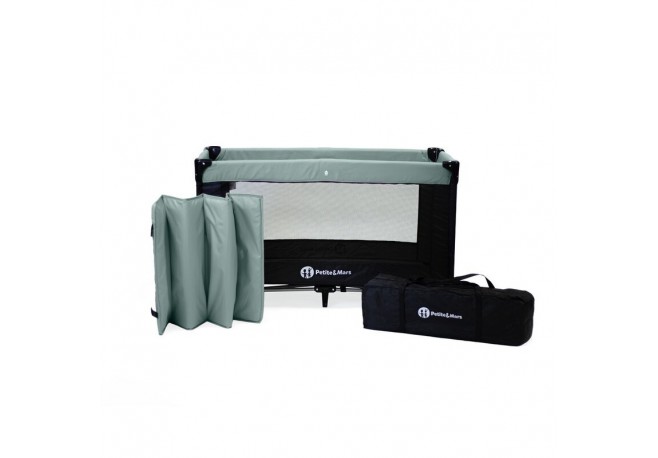 Petite&Mars - Patut pliant cu doua nivele Cu intrare laterala cu fermoar 2 roti 120x60 cm Iron Green