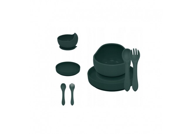 Petite&Mars - Set de hranire Cu farfurie Bol si tacamuri Din silicon fara BFA Verde inchis