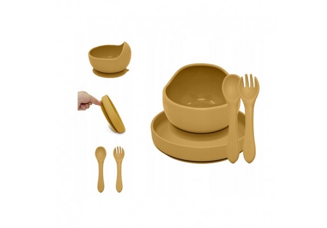 Petite&Mars - Set de hranire Cu farfurie Bol si tacamuri Din silicon fara BFA Ocru
