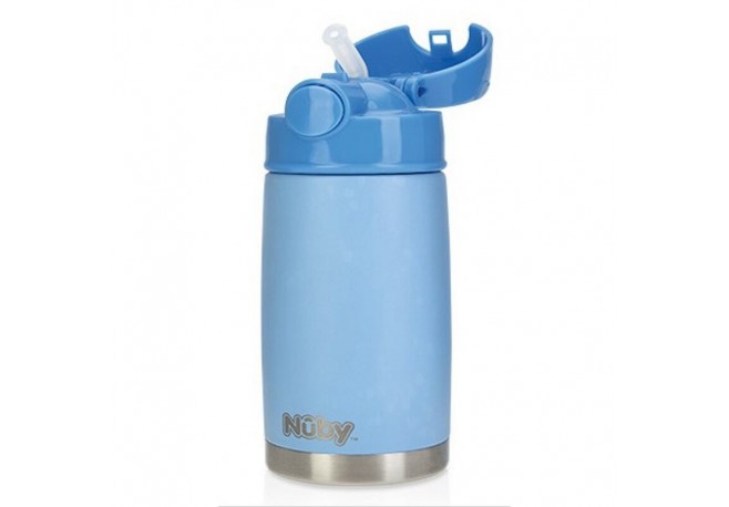Nuby - Termos din otel inoxidabil 300 ml Pentru pastrarea bauturilor calde si reci Cu pai din silicon 24 luni+ Albastru