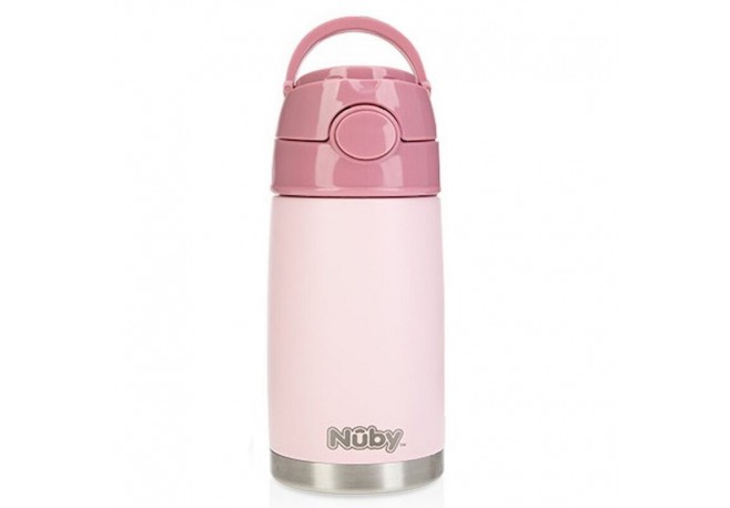 Nuby - Termos din otel inoxidabil 300 ml Pentru pastrarea bauturilor calde si reci Cu pai din silicon 24 luni+ Roz