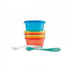 Nuby - Set de masa 300 ml 3 luni+ Cu 4 recipiente 4 capace 2 linguri Multicolor