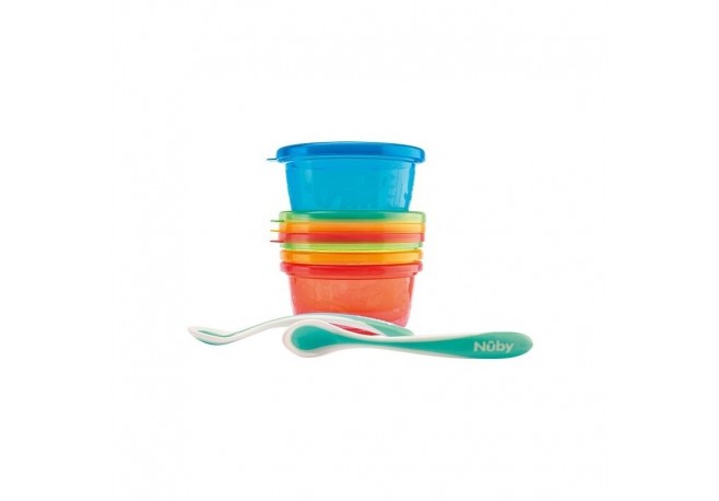 Nuby - Set de masa 300 ml 3 luni+ Cu 4 recipiente 4 capace 2 linguri Multicolor