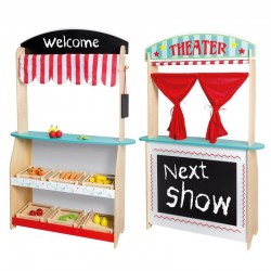 Joueco - Jucarie de lemn din lemn certificat FSC 2 in 1 Teatru si magazin Cu accesorii 110 x 68.5 x 23 cm 3 ani+ Multicolor