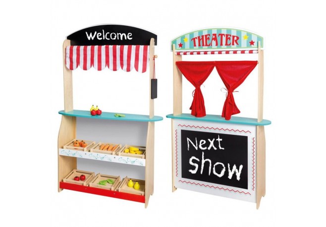 Joueco - Jucarie de lemn din lemn certificat FSC 2 in 1 Teatru si magazin Cu accesorii 110 x 68.5 x 23 cm 3 ani+ Multicolor