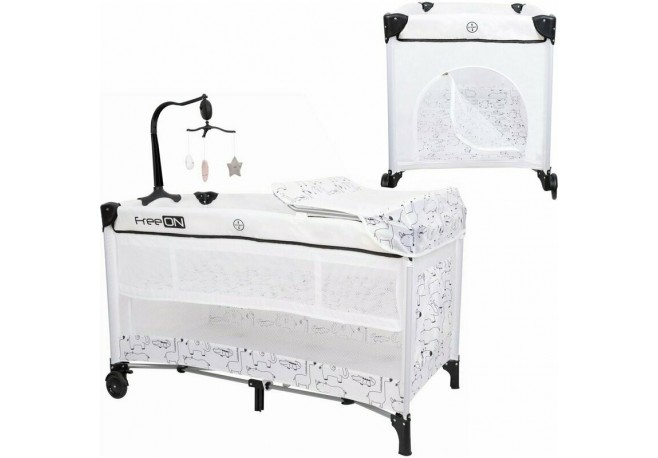 Patut pliant cu doua nivele Safari 120x60 cm Cu carusel cu 3 jucarii Masuta de infasat 2 Roti Cu buzunar lateral Cu intrare late