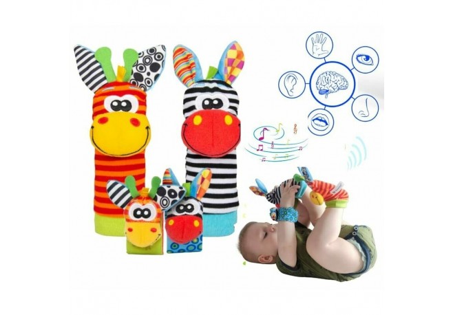 Botosei si bratari cu zornaitoare Animalute dragute pentru bebelusi Set 4 piese 2 pentru maini si 2 pentru picioare Jungle Wrist