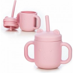 Cana din silicon fara BPA Cu manere Cu pai 6 luni+ Conform cu standardul european de securitate EN 14350:2020 FreeON Pink