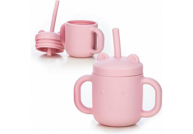 Cana din silicon fara BPA Cu manere Cu pai 6 luni+ Conform cu standardul european de securitate EN 14350:2020 FreeON Pink