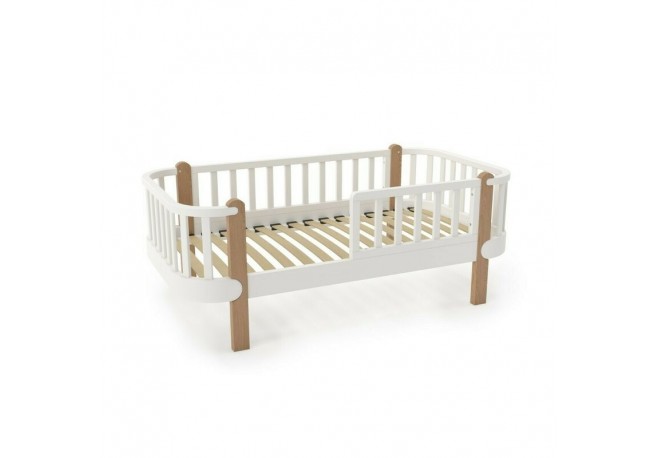 Patut junior cu bariera de protectie YappyEtude din lemn de fag YappyKids 160x80 cm Alb