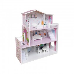 Casuta de papusi din lemn Dimensiune mare 70 x 24 x 70 cm Construita pe 3 niveluri cu 3 camere Accesorizata cu mobilier Free2Pla