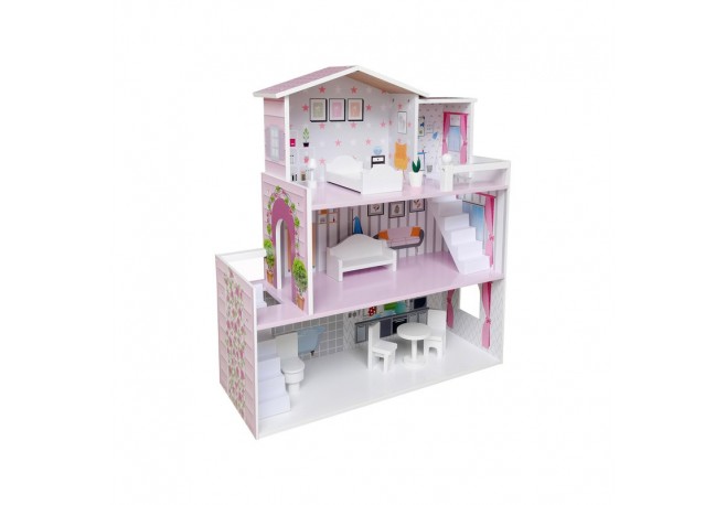 Casuta de papusi din lemn Dimensiune mare 70 x 24 x 70 cm Construita pe 3 niveluri cu 3 camere Accesorizata cu mobilier Free2Pla