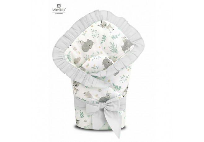 MimiNu - Paturica de infasat multifunctionala Cu volanase Cu inchidere cu panglica si arici velcro Dimensiune 75x75 cm Din bumba