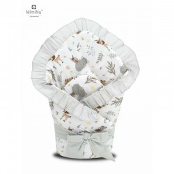 MimiNu - Paturica de infasat multifunctionala Cu volanase Cu inchidere cu panglica si arici velcro Dimensiune 75x75 cm Din bumba