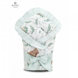 MimiNu - Paturica de infasat multifunctionala Cu volanase Cu inchidere cu panglica si arici velcro Dimensiune 75x75 cm Din bumba