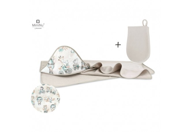 MimiNu - Set prosop mare cu gluga Dimensiune 100x100 cm + Manusa de baie bebelusi 12x21 cm Materiale certificate Oeko Tex Standa