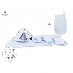 MimiNu - Set prosop mare cu gluga Dimensiune 100x100 cm + Manusa de baie bebelusi 12x21 cm Materiale certificate Oeko Tex Standa