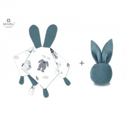 MimiNu - Set jucarie de plus cu urechi si labute din catifea si bumbac + Jucarie zornaitoare Mini Bunny din catifea matlasata Ma