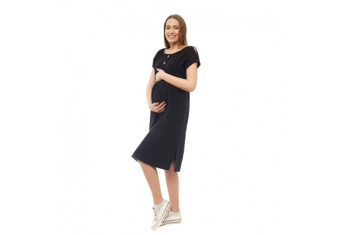 Qmini - Rochie pentru gravide si pentru alaptare L/XL Din in si poliester Confortabila si lejera Black
