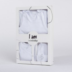 Set 4 piese: bluza body cu maneca lunga salopeta fara maneci caciulita Marime 56 Din bumbac 100% New Baby I am white