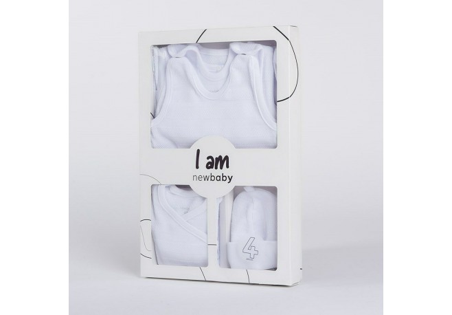 Set 4 piese: bluza body cu maneca lunga salopeta fara maneci caciulita Marime 56 Din bumbac 100% New Baby I am white