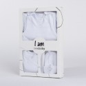 Set 4 piese: bluza body cu maneca lunga salopeta fara maneci caciulita Marime 56 Din bumbac 100% New Baby I am white