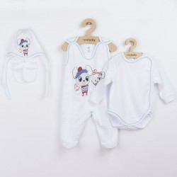 Set 4 piese: body cu maneca lunga salopeta fara maneci caciulita manusi Marime 56 Din bumbac 100% New Baby Bonjour