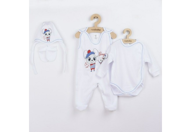 Set 4 piese: body cu maneca lunga salopeta fara maneci caciulita manusi Marime 56 Din bumbac 100% New Baby Bonjour