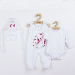 Set 4 piese: body cu maneca lunga salopeta fara maneci caciulita manusi Marime 56 Din bumbac 100% New Baby Foxy